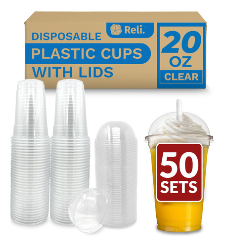 Reli. Vasos De Plastico Con Tapa, 20 Onzas (50 Juegos), Vaso