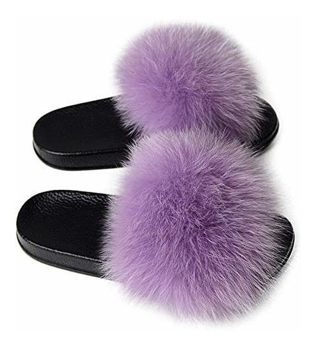 Dayiss Womens Real Fox Fur Slides Flip Flop Fluffy Slippers 