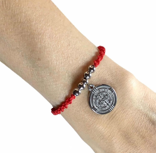 Pulsera Roja Con Medalla De San Benito. Protección. Acero 