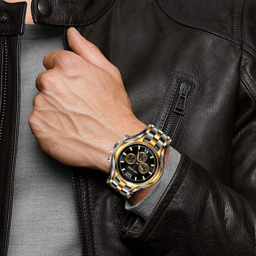 Relógio Masculino Luxo Dourado Brindes Estojo Caneta Prata