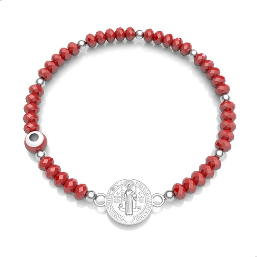 Pulsera Cristal Roja Ojo Y San Benito Plata .925 Agálea Largo 18 cm