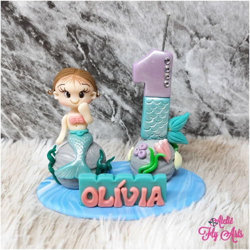 Imagem 5 de 9 de Topo Bolo Personalizado Biscuit Vela Sereia , Fundo Do Mar
