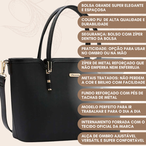 Bolsa Feminina Média Transversal Ombro Mão Chenson Original Cor Preto Elegante