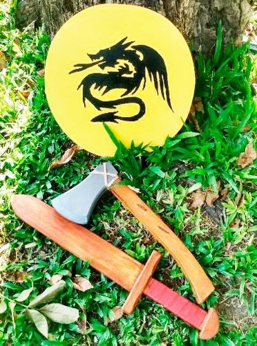 Kit De Espada, Escudo Y Hacha Vikinga Jueguete Medieval