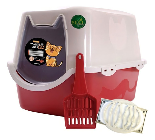 Kit 4 Banheiro Fechado Para Gato C/ Pá E Filtro Cor Vermelho