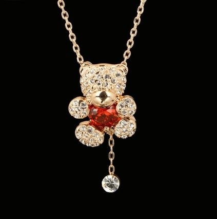 Collar Oso Corazon Rojo Baño Oro 18k Cristales Genuinos