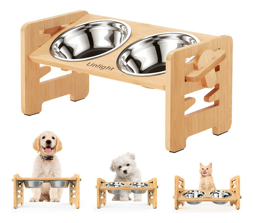 comedouro elevado inox caes gato Duplo potes 6 Níveis Ajustável Bambu