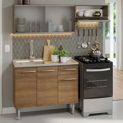 Armário Cozinha Compacta 165cm Com Pia Emilly Madesa 05 R Cor Rustic
