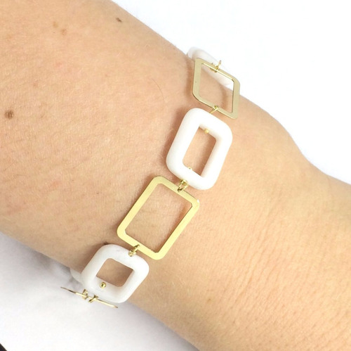 Pulseira Feminina Ouro 18k Com Pedra Retangular Ágata Branca