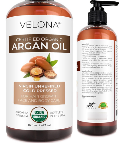 Velona Aceite De Argán Orgánico Certificado Por La Usda, .