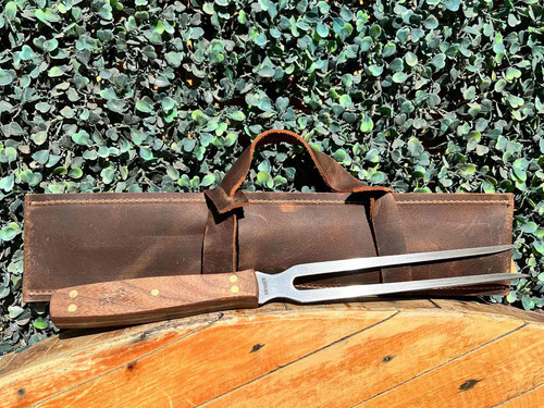 Set Parrillero Portable Cuchillo + Tenedor + Funda Cuero Pro