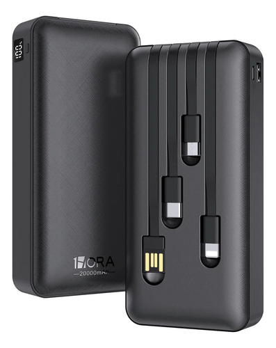 Power Bank 20000mah Batería Portátil Con 4 Cables Con Pantalla Digital 1hora Compatible Con iPhone Samsung Xiaomi Huawei Negro