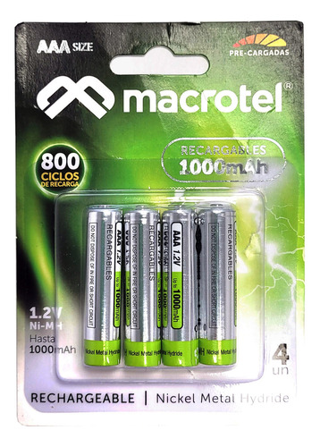 Pilas Recargables Aaa 1000mah Pack De 4 Macrotel