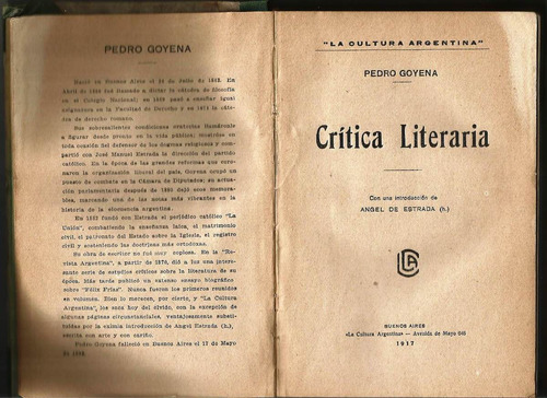 Crítica Literaria - Pedro Goyena - Crírica - Lca, Bs As 1917
