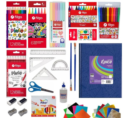 Kit Escolar 1 Cuaderno Nº3 Marcadores Lapiz Goma 20un. Filgo