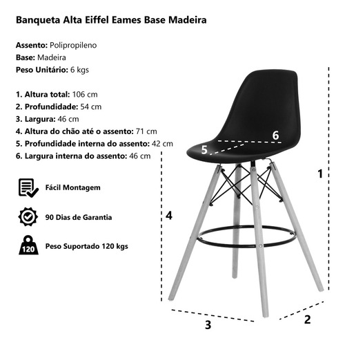 Imagem 5 de 5 de Banqueta Alta Eiffel Eames Preta Base Madeira Várias Cores