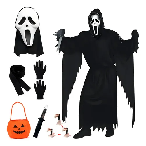 7 Piezas Disfraz Halloween Capa Negra Larga 160cm Con Capucha Máscara De Terror Guantes Bolsa Dulces Cuchillo Retráctil Fiesta Para 160-190cm Adulto