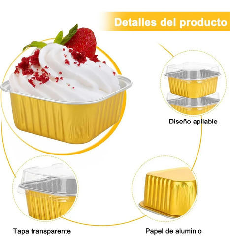 BANNA 50 Molde Para Tarta De Aluminio Desechable Con Tapa+cuchara,5 oz Mini Moldes para Tartas, Moldes Cuadrados de Foil para Tartas de Bodas, Fiestas y Cumpleaños, 9*9*3.5cm,Dorado
