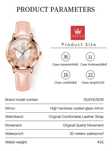 Reloj Olevs/5539 Dorado Para Mujer Con Correa De Cuero Rosa Dorado/rosa Rosa