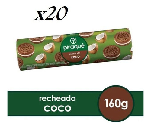 20 Pacotes Bolacha Piraquê Chocolate Recheada Com Coco