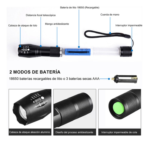 2pzas Linternas Recargables Led Lampara Tactica Camping