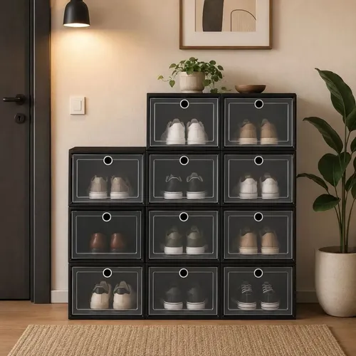 Zapatera Modular Organizador 12 Cajas Apilables De Plástico Practiksa Color Negro