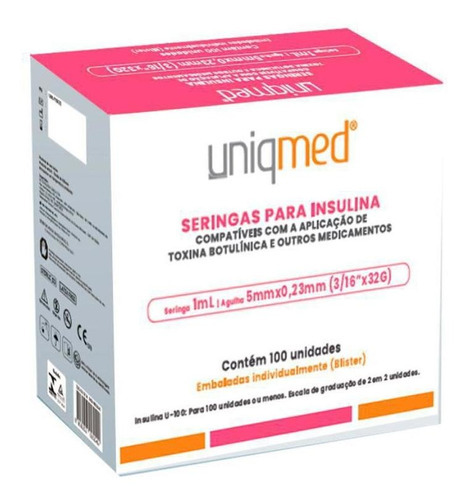 Kit 200un Seringa Toxina Insulina Uniqmed 1,0ml 5x0,23 32g Capacidade em volume 1 mL