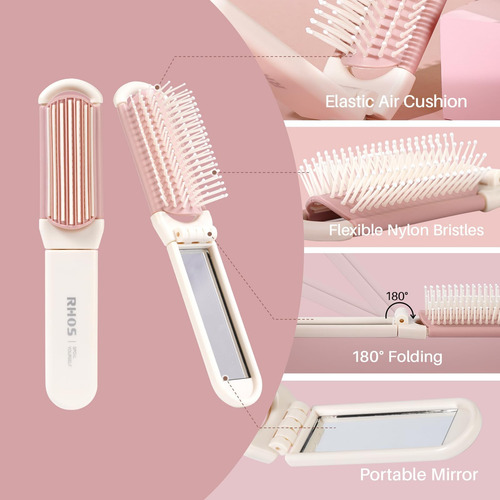 Rhos Cepillo Plegable Con Espejo Para Mujeres, Mini Cepillo