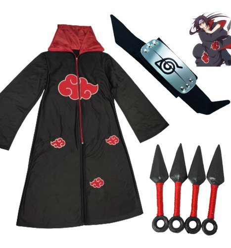 Imagen 2 de 8 de Naruto Cosplay Adultos Bata Akatsuki Banda Y 4 Kunais Itachi
