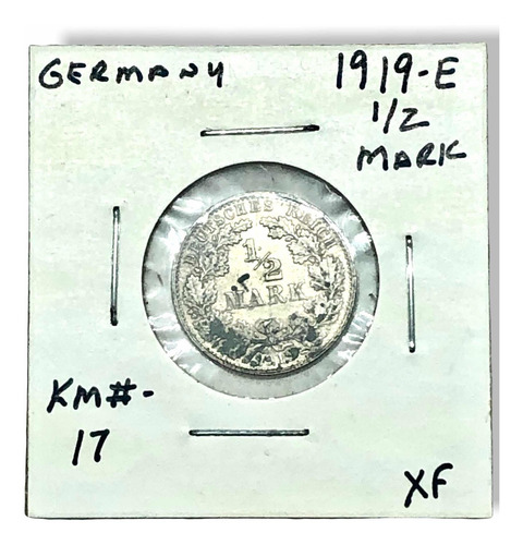Moneda Plata Alemania Imperial 1/2 Marco Año 1919-e Ley .900 (Usado)