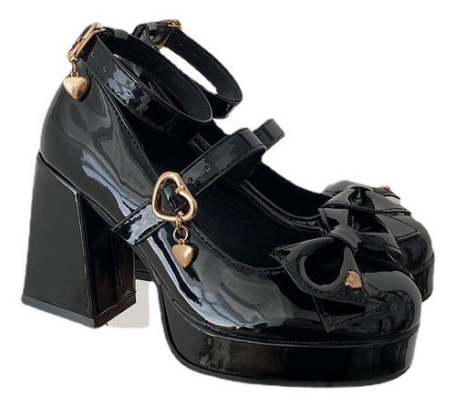 Zapatos Negros Pequeños De Tacón Grueso Para Mujer Nuevos