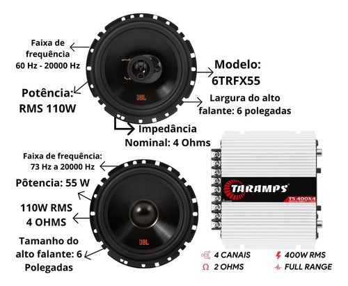 2 Vias 6 Jbl 62vfx55 + Par Alto Falante Jbl 6trfx55+ Ts400x4 Cor Preto