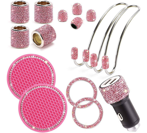 15pzs Accesorios De Auto Rosa Para Mujer Con Diamantes -