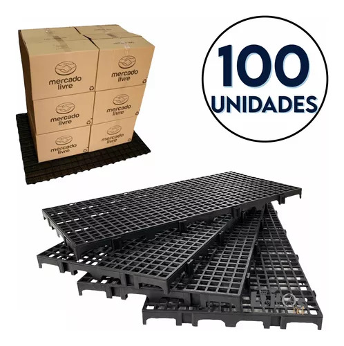 Kit 100 Peças Palete Estrado Piso Pallet Plástico Preto Resistente 50x25x2,5 Cm