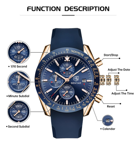 Watch By Benyar Chronograph Quartz Para Hombre, Resistente A