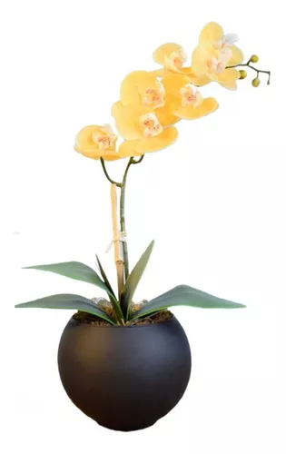 Arranjo Flor Artificial Orquídea Amarela No Vaso Preto Fosco