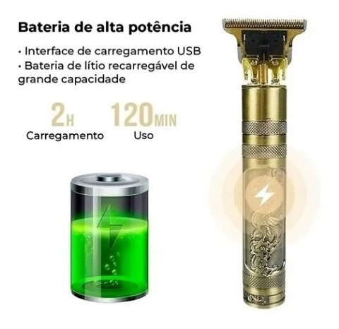 Imagem 10 de 10 de Maquina De Barba E Cabelo Dourada Metal Dragão Recarregável