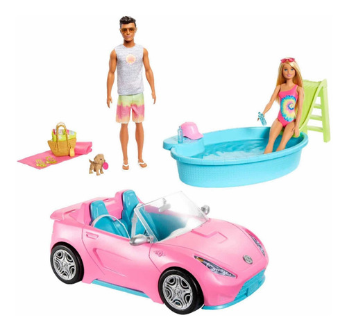 Set De Barbie Y Ken Accesorios Carro Convertible Y Piscina