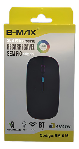Mouse Recarregável Sem Fio Bluetooth Usb Led Rgb Ergonômico