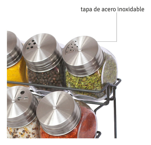 Rack Especiero De 6 Jarros Con Tapa De Acero Inoxidable Color Plateado