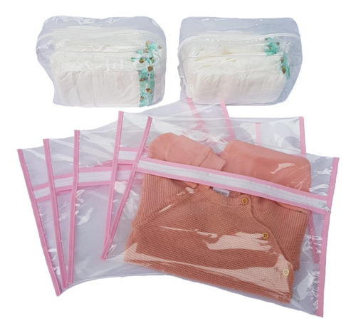 Kit 5 Saquinho Maternidade Rosa 2 Organizador Troca Fraldas