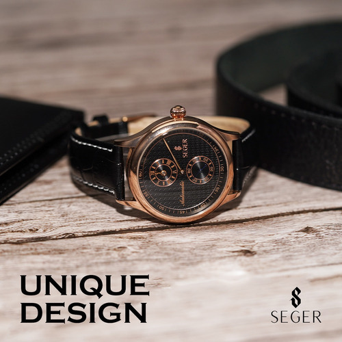 Imagen 6 de 6 de Reloj Hombre Seger 9238 Original Eeuu Automatico Elegante Color De La Malla Negro Color Del Bisel Rosa Metalizado