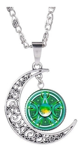 Collar Color Plata Cristal Luna Wicca Pentagram Hombre Mujer