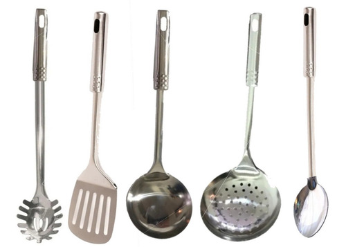 Juego 5 Utensillos Cocina Acero Cucharon Espumadera Espatula