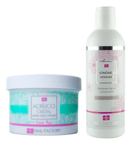 Pack Nail Factory Polvo Acrílico Clear 7 Oz + Monómero 8 Oz Color Cristal