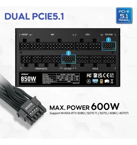 Vetroo 850w Fuente De Alimentación Dual Pcie 5.1 Atx 3.1 ...