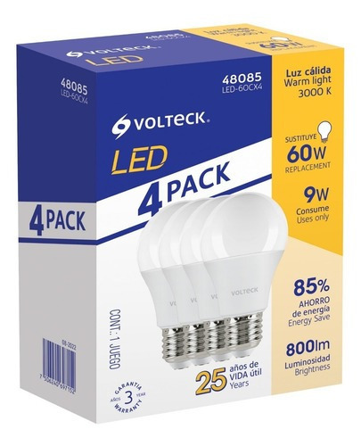 Pack De 4 Lámparas De Led, A19, 9 W, Luz Cálida, Volteck