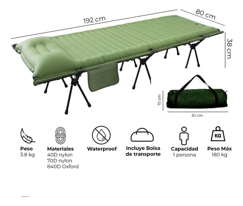 Catre Con Colchón Inflable Kano Cama Para Camping Plegable Color Verde