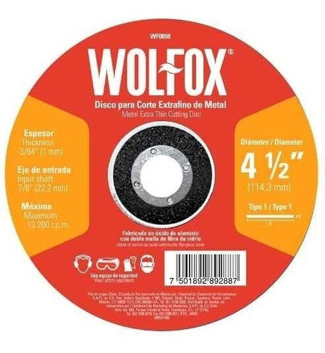 Disco Corte P/ Metal/acero Inox 4 1/2 X 1.00mm - Wolfox