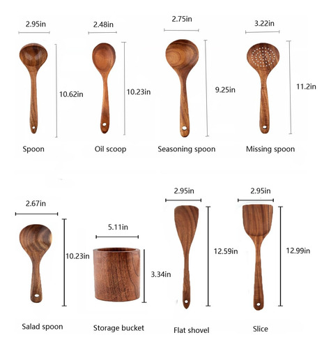 Juego De 8 Cucharas Y Espátula De Madera De Teca Para Cocina